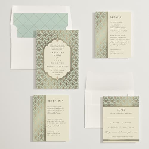 This is a aqua foil stamped wedding invitations with foil pressed by Pati Cascino called aatreya printing on signature in standard