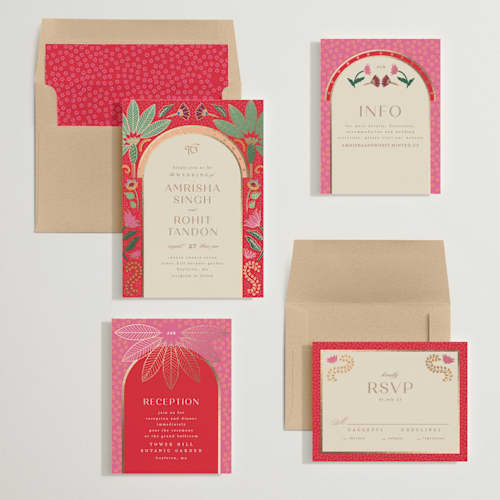 This is a sindoor foil stamped wedding invitations with foil pressed by Creo Study called indian garden printing on signature in standard