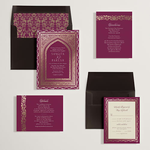 This is a garnet foil stamped wedding invitations with foil pressed by Chris Griffith called amber palace printing on signature in standard