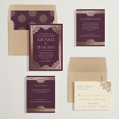 This is a plum foil stamped wedding invitations with foil pressed by Randi Cirelli called arunima printing on signature in standard