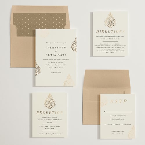 This is a champagne foil stamped wedding invitations with foil pressed by Oma N. Ramkhelawan called henna stamp printing on signature in standard