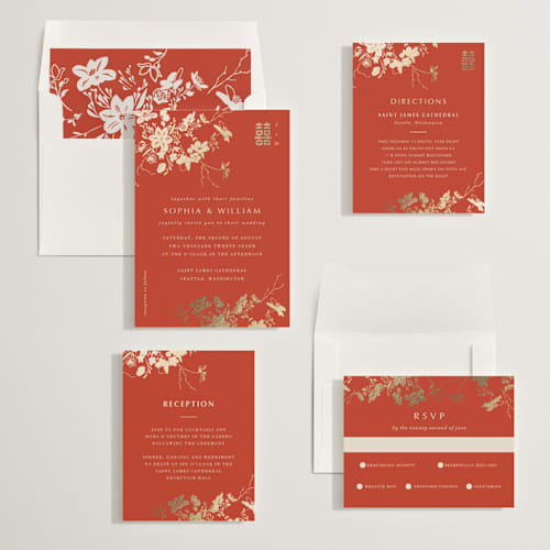 This is a lava foil stamped wedding invitations with foil pressed by Stellax Creative called abstract flora printing on signature in standard