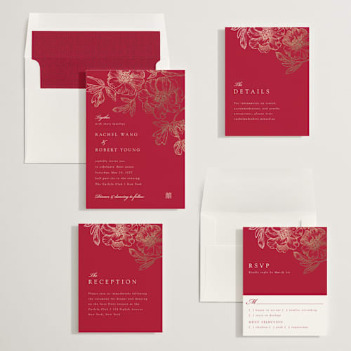 This is a ruby foil stamped wedding invitations with foil pressed by Janean Hinger called double peony printing on signature in standard