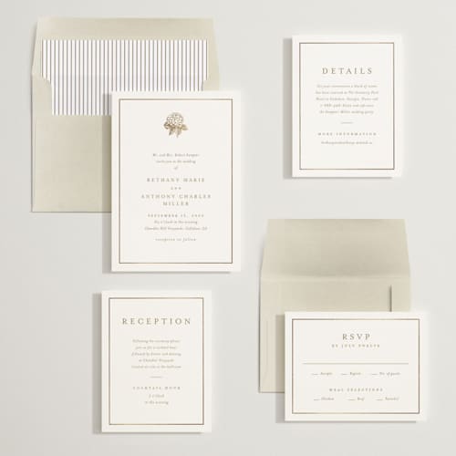 This is a cotton foil stamped wedding invitations with foil pressed by Stacey Meacham called hydrangea bloom printing on signature in standard