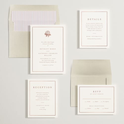 This is a rosie foil stamped wedding invitations with foil pressed by Stacey Meacham called hydrangea bloom printing on signature in standard