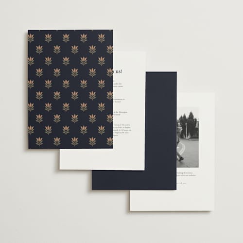 This is a navy foil stamped wedding invitations with foil pressed by Jess Rosa Beck called botanical tapestry printing on signature in standard