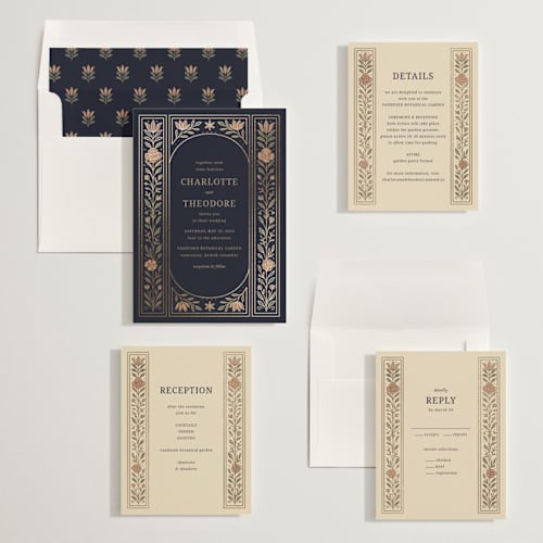 This is a navy foil stamped wedding invitations with foil pressed by Jess Rosa Beck called botanical tapestry printing on signature in standard