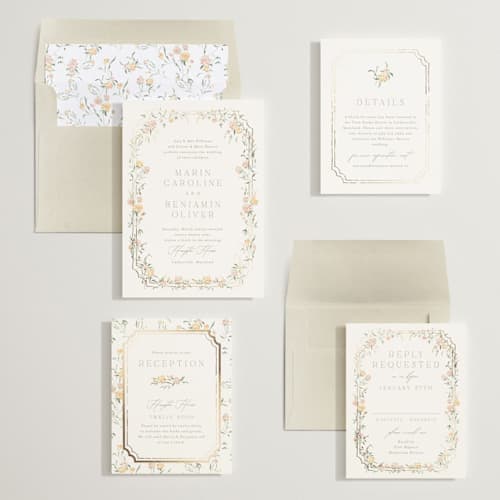 This is a golden summer foil stamped wedding invitations with foil pressed by Erin L. Wilson called victorian trellis printing on signature in standard