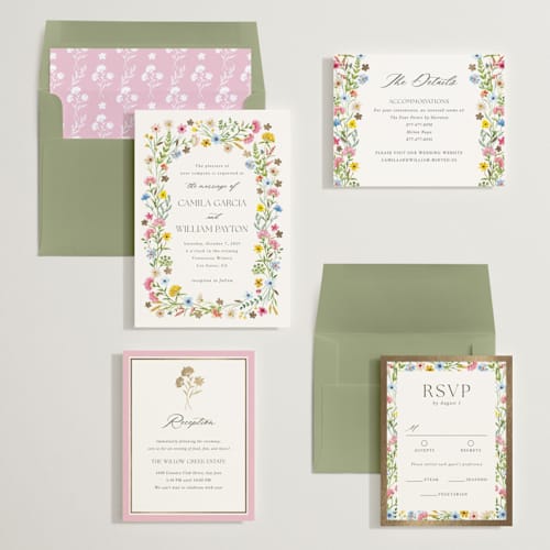 This is a garden foil stamped wedding invitations with foil pressed by Yaling Hou Suzuki called bright garden printing on signature in standard