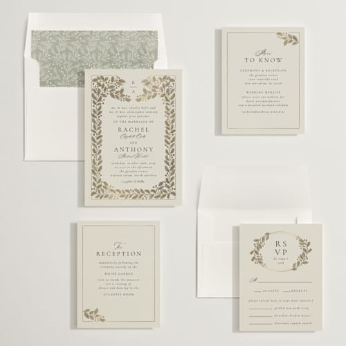This is a fern foil stamped wedding invitations with foil pressed by Jen Owens called vine wrap printing on signature in standard