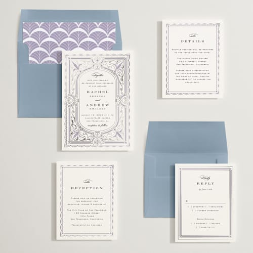 This is a powdered violet foil stamped wedding invitations with foil pressed by Janean Hinger called aurelia printing on signature in standard