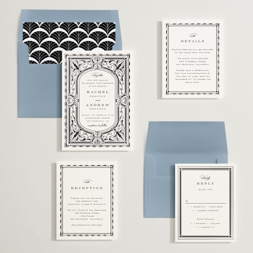 This is a black tie foil stamped wedding invitations with foil pressed by Janean Hinger called aurelia printing on signature in standard