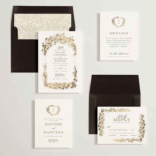 This is a honeysuckle foil stamped wedding invitations with foil pressed by Leah Bisch called heritage printing on signature in standard
