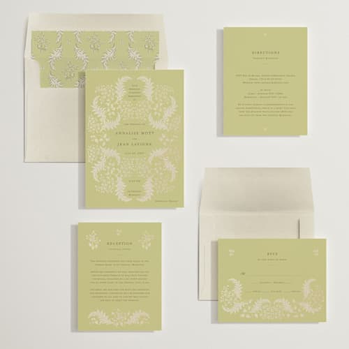 This is a citron foil stamped wedding invitations with foil pressed by Ani Somi called french train printing on signature in standard