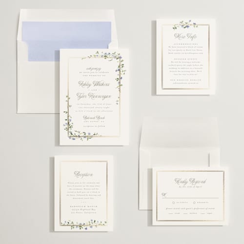 This is a bluebell foil stamped wedding invitations with foil pressed by Everett Paper Goods called flowering vine printing on signature in standard
