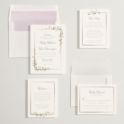 This is a lilac foil stamped wedding invitations with foil pressed by Everett Paper Goods called flowering vine printing on signature in standard