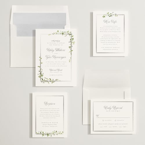 This is a dew foil stamped wedding invitations with foil pressed by Everett Paper Goods called flowering vine printing on signature in standard