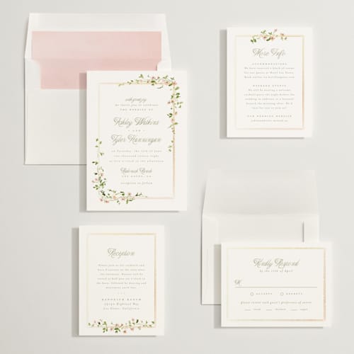 This is a peony foil stamped wedding invitations with foil pressed by Everett Paper Goods called flowering vine printing on signature in standard