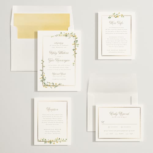 This is a mimosa foil stamped wedding invitations with foil pressed by Everett Paper Goods called flowering vine printing on signature in standard