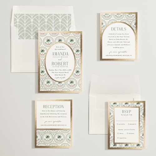 This is a sand foil stamped wedding invitations with foil pressed by Maria Alou called vintage palms printing on signature in standard