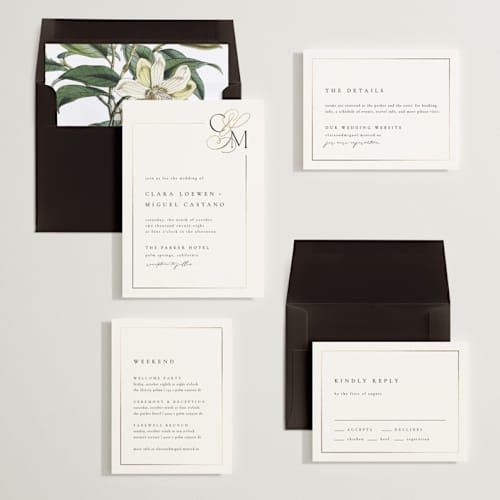 This is a silk foil stamped wedding invitations with foil pressed by Kelly Schmidt called golden ampersand printing on signature in standard