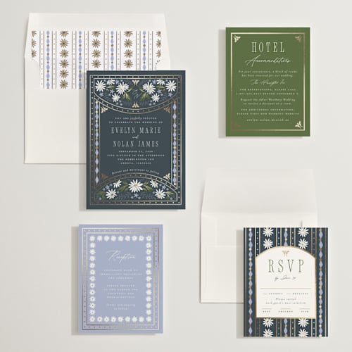 This is a periwinkle foil stamped wedding invitations with foil pressed by Erin German called sadie printing on signature in standard