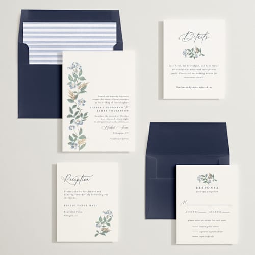 This is a sapphire foil stamped wedding invitations with foil pressed by Olivia Raufman called climbing florals printing on signature in standard