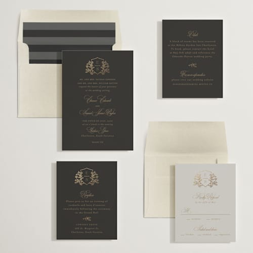 This is a chocolate foil stamped wedding invitations with foil pressed by Mansi Verma called gold crest printing on signature in standard