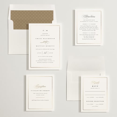 This is a linen foil stamped wedding invitations with foil pressed by Erica Krystek called timeless printing on signature in standard
