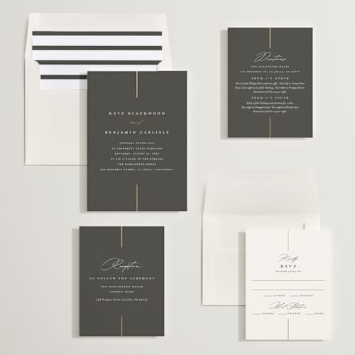 This is a iron foil stamped wedding invitations with foil pressed by Erica Krystek called formal lines printing on signature in standard
