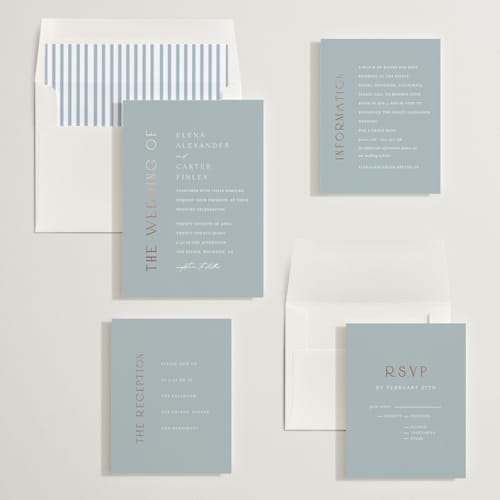 This is a provincial foil stamped wedding invitations with foil pressed by Angela Thompson called gilded edge printing on signature in standard