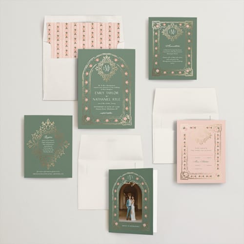 This is a pine foil stamped wedding invitations with foil pressed by Claudia Orengo called princess printing on signature in standard