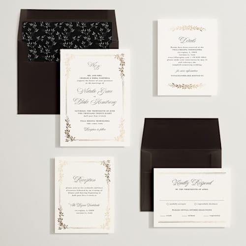 This is a diamond foil stamped wedding invitations with foil pressed by Kate Ahn called lake como printing on signature in standard