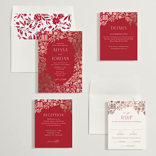 This is a ruby foil stamped wedding invitations with foil pressed by Yaling Hou Suzuki called garden vines printing on signature in standard