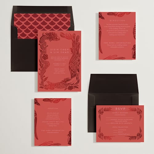 This is a ruby foil stamped wedding invitations with foil pressed by Ghia Designs called fiery printing on signature in standard