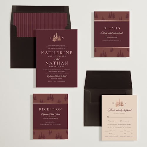 This is a berry foil stamped wedding invitations with foil pressed by Stacy Maalouf called gilded forest printing on signature in standard