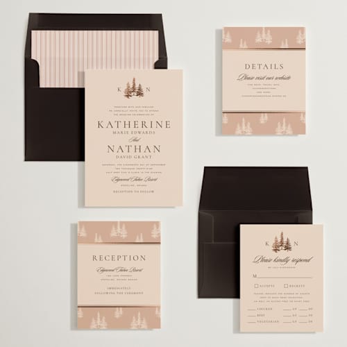This is a petal foil stamped wedding invitations with foil pressed by Stacy Maalouf called gilded forest printing on signature in standard