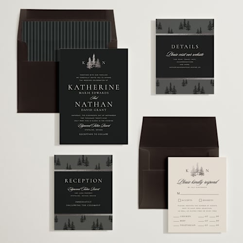 This is a eclipse foil stamped wedding invitations with foil pressed by Stacy Maalouf called gilded forest printing on signature in standard