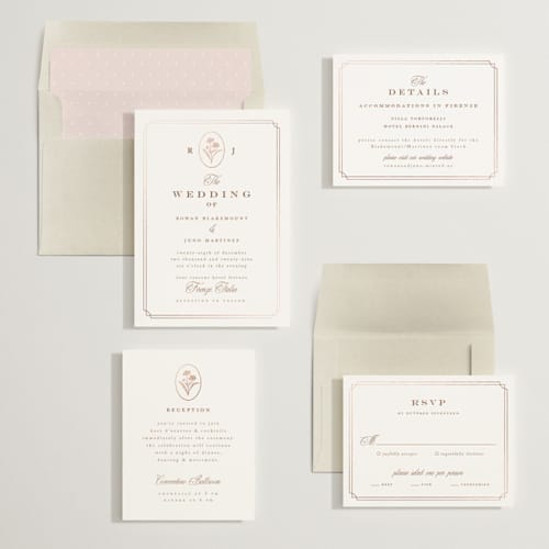 This is a rose foil stamped wedding invitations with foil pressed by chocomocacino called fleu-de-sel printing on signature in standard