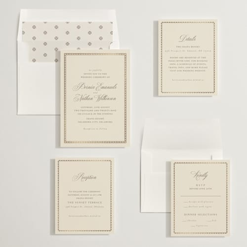 This is a champagne foil stamped wedding invitations with foil pressed by Deynaaz Daraei called ahlum printing on signature in standard