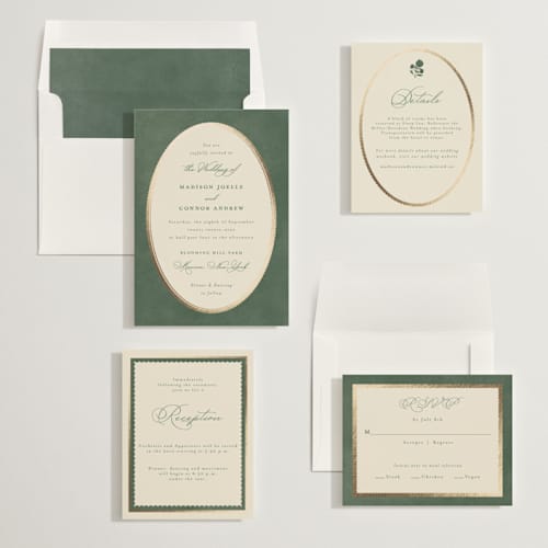 This is a rosemary foil stamped wedding invitations with foil pressed by Emily Betts called vintage oval printing on signature in standard