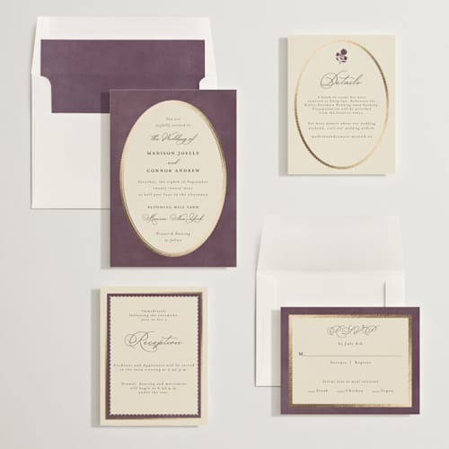 This is a aubergine foil stamped wedding invitations with foil pressed by Emily Betts called vintage oval printing on signature in standard