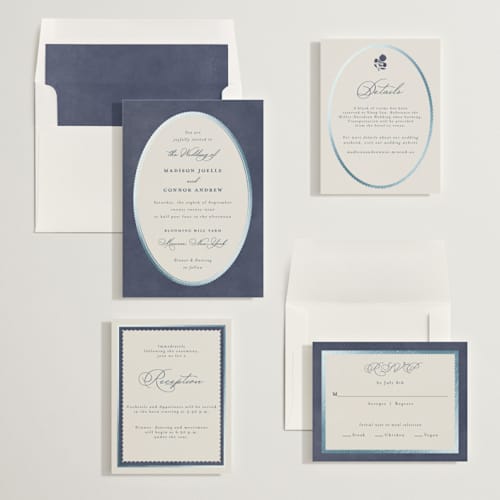 This is a navy foil stamped wedding invitations with foil pressed by Emily Betts called vintage oval printing on signature in standard
