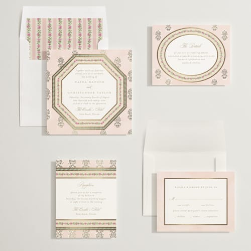 This is a shubh foil stamped wedding invitations with foil pressed by Creo Study called amalgamation printing on signature in standard