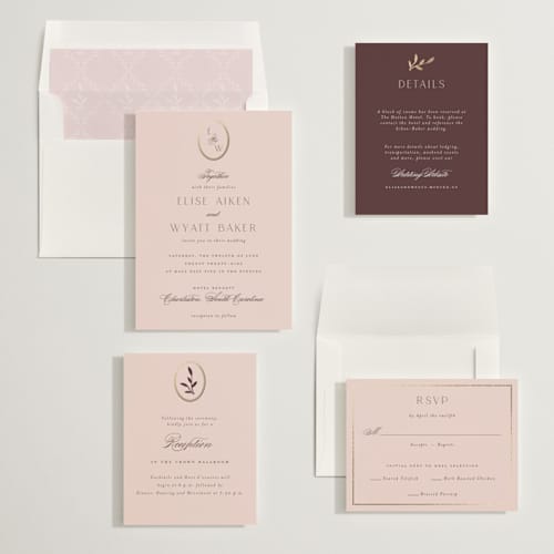 This is a rose quartz foil stamped wedding invitations with foil pressed by Emily Betts called scallop monogram printing on signature in standard