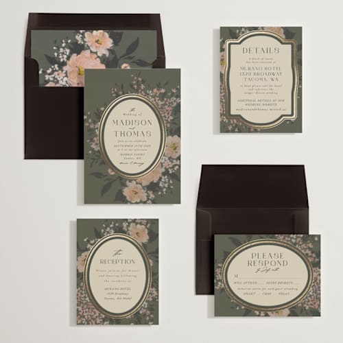 This is a thyme foil stamped wedding invitations with foil pressed by Itsy Belle Studio called madison printing on signature in standard
