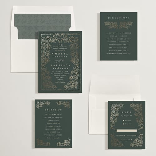 This is a forest foil stamped wedding invitations with foil pressed by Hannah Williams called foil botanical frame printing on signature in standard