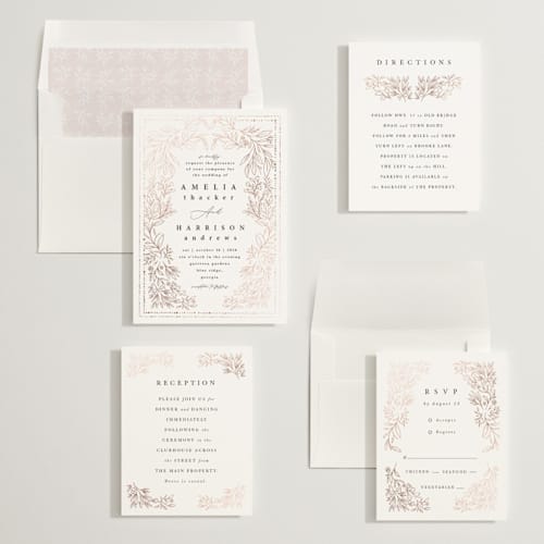 This is a lace foil stamped wedding invitations with foil pressed by Hannah Williams called foil botanical frame printing on signature in standard