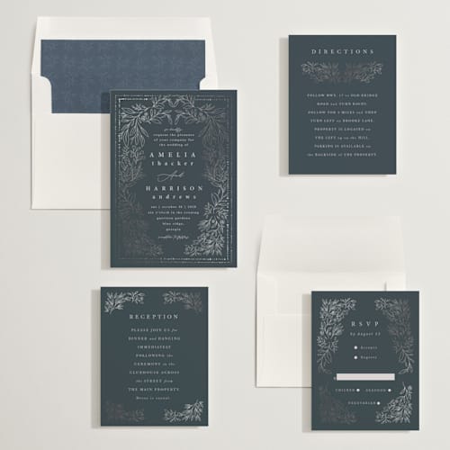 This is a night foil stamped wedding invitations with foil pressed by Hannah Williams called foil botanical frame printing on signature in standard