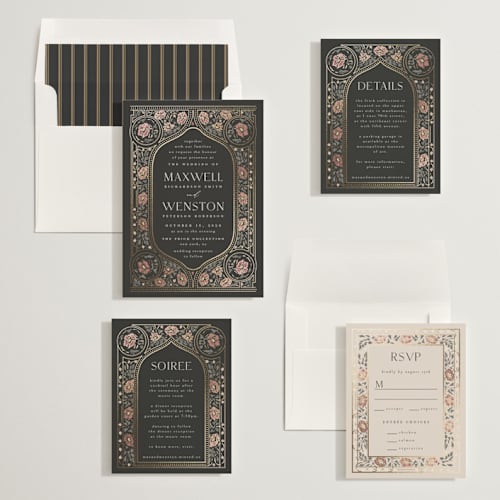 This is a ebony foil stamped wedding invitations with foil pressed by Ana de Sousa called timeless nature printing on signature in standard